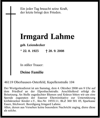 Traueranzeige von Irmgard Lahme von Tageszeitung