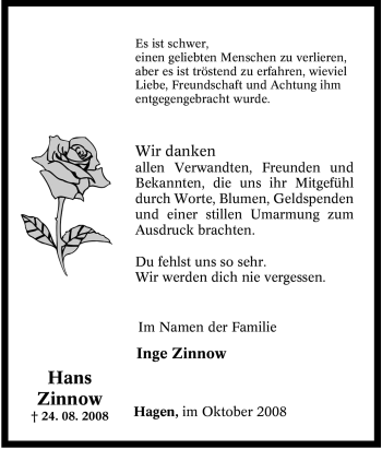 Traueranzeige von Hans Zinnow von Tageszeitung