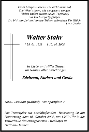 Traueranzeige von Walter Stahr von Tageszeitung