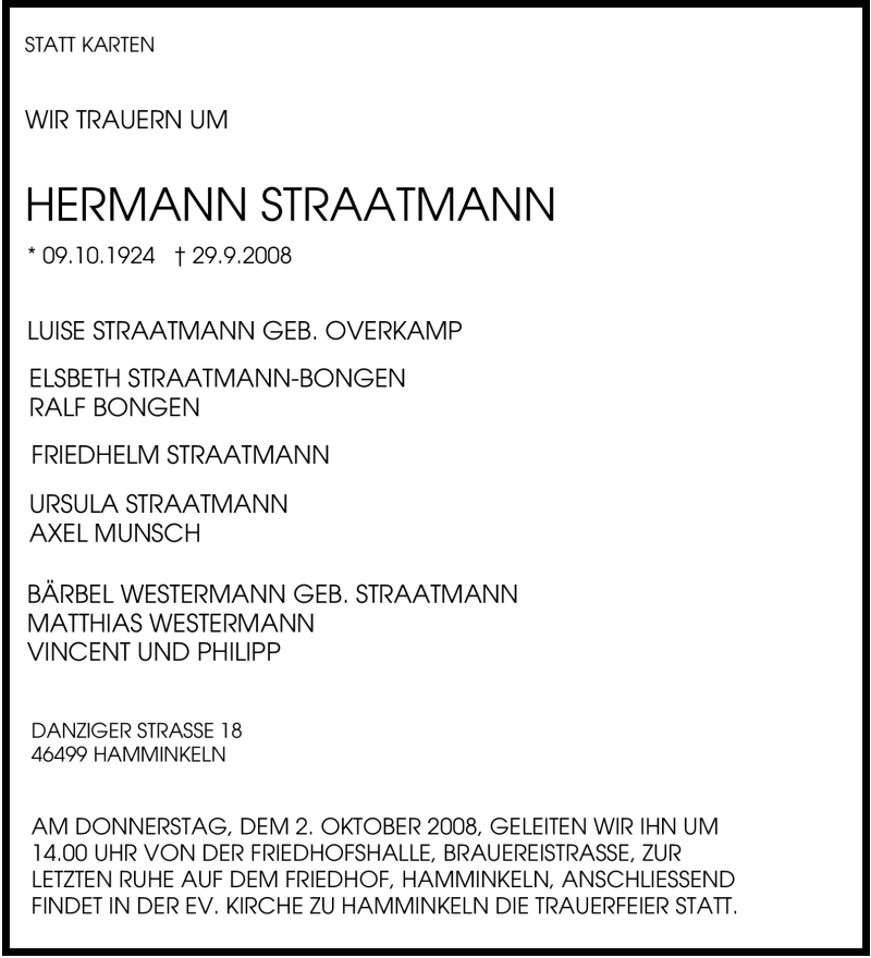  Traueranzeige für Hermann Straatmann vom 01.10.2008 aus Tageszeitung