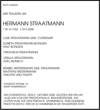 Traueranzeige von Hermann Straatmann von Tageszeitung