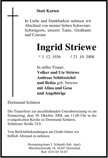 Traueranzeige von Ingrid Striewe von Tageszeitung