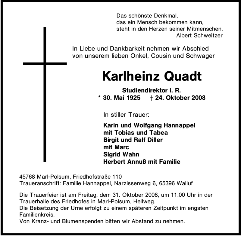  Traueranzeige für Karlheinz Quadt vom 28.10.2008 aus Tageszeitung