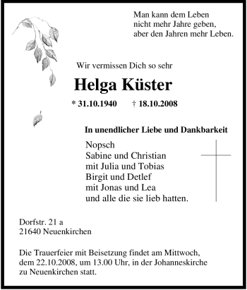 Traueranzeige von Helga Küster von Tageszeitung