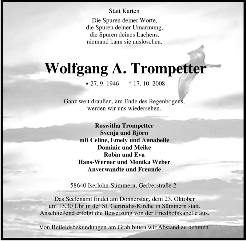  Traueranzeige für Wolfgang A. Trompetter vom 21.10.2008 aus Tageszeitung