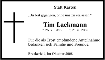 Traueranzeige von Tim Lackmann von Tageszeitung