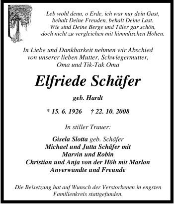 Traueranzeige von Elfriede Schäfer von Tageszeitung