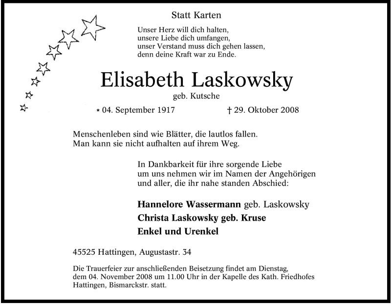  Traueranzeige für Elisabeth Laskowsky vom 31.10.2008 aus Tageszeitung
