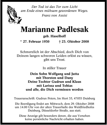 Traueranzeige von Marianne Padlesak von Tageszeitung