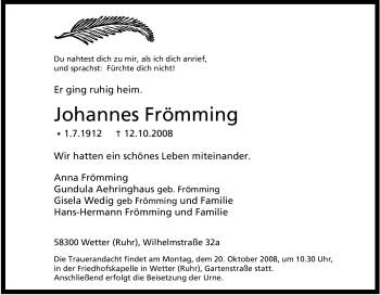 Traueranzeige von Johannes Frömming von Tageszeitung