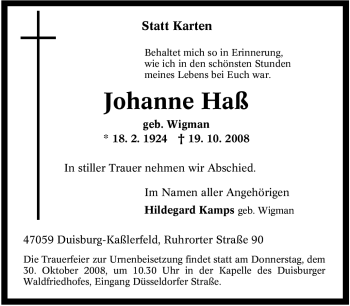 Traueranzeige von Johanne Haß von Tageszeitung