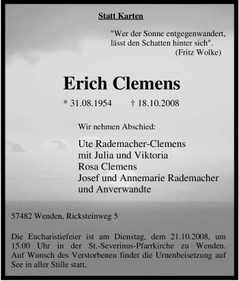 Traueranzeige von Erich Clemens von Tageszeitung