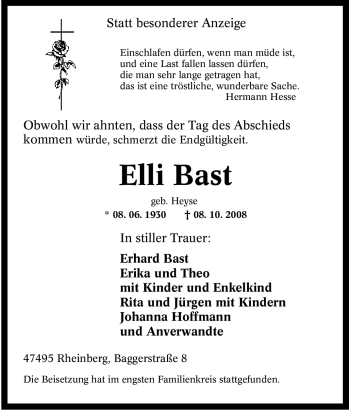 Traueranzeige von Elli Bast von Tageszeitung