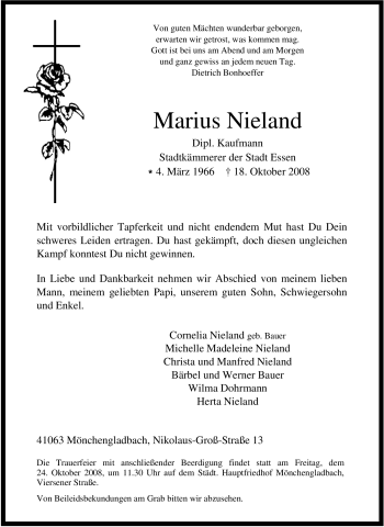 Traueranzeige von Marius Nieland von Tageszeitung