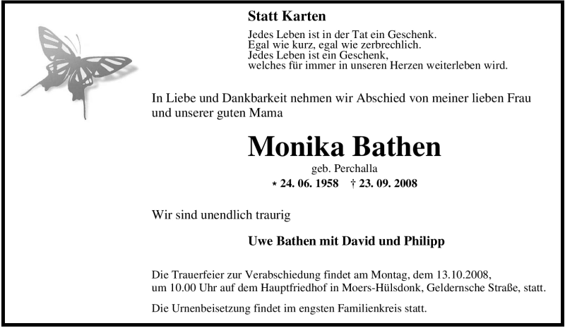  Traueranzeige für Monika Bathen vom 10.10.2008 aus Tageszeitung