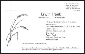 Traueranzeige von Erwin Frank von Tageszeitung