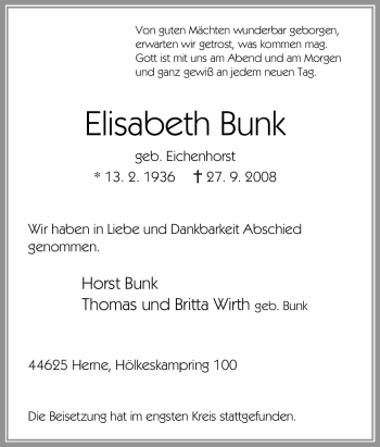 Traueranzeige von Elisabeth Bunk von Tageszeitung