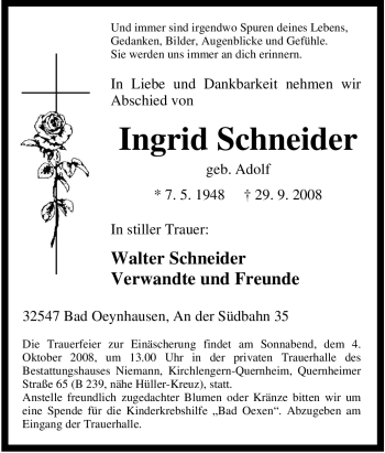 Traueranzeige von Ingrid Schneider von Tageszeitung