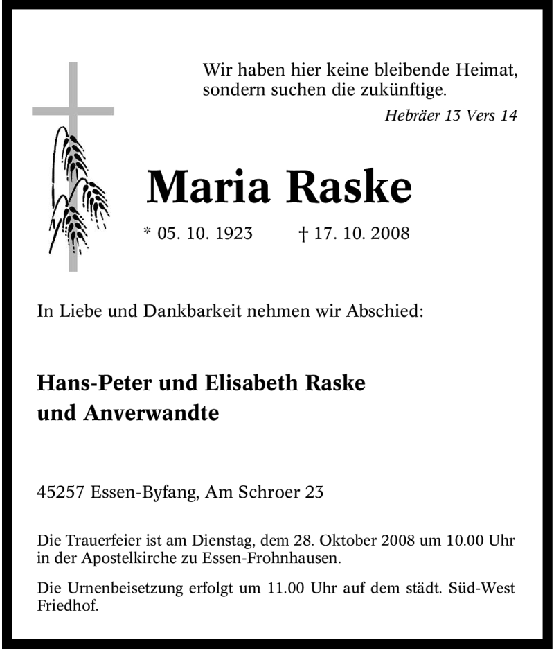  Traueranzeige für Maria Raske vom 23.10.2008 aus WESTDEUTSCHE ALLGEMEINE ZEITUNG