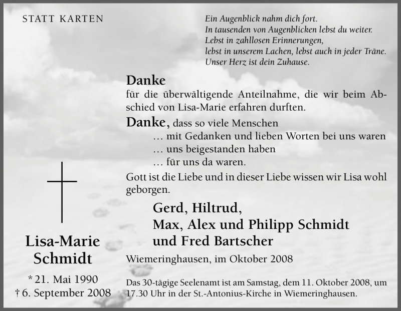  Traueranzeige für Lisa-Marie Schmidt vom 07.10.2008 aus Tageszeitung