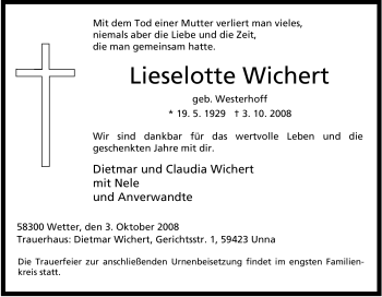 Traueranzeige von Lieselotte Wichert von Tageszeitung
