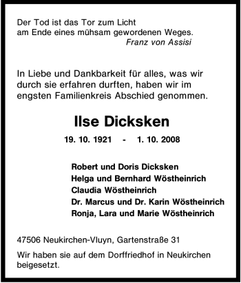 Traueranzeige von Ilse Dicksken von Tageszeitung