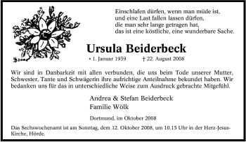 Traueranzeige von Ursula Beiderbeck von Tageszeitung