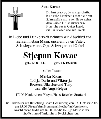 Traueranzeige von Stjepan Kovac von Tageszeitung