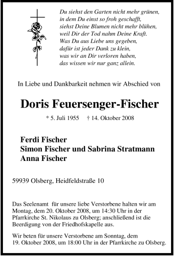 Traueranzeige von Doris Feuersenger-Fischer von Tageszeitung