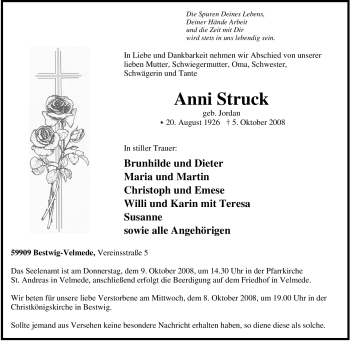Traueranzeige von Anni Struck von Tageszeitung