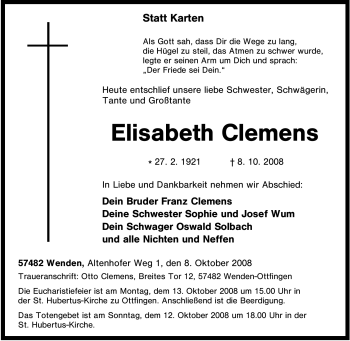 Traueranzeige von Elisabeth Clemens von Tageszeitung