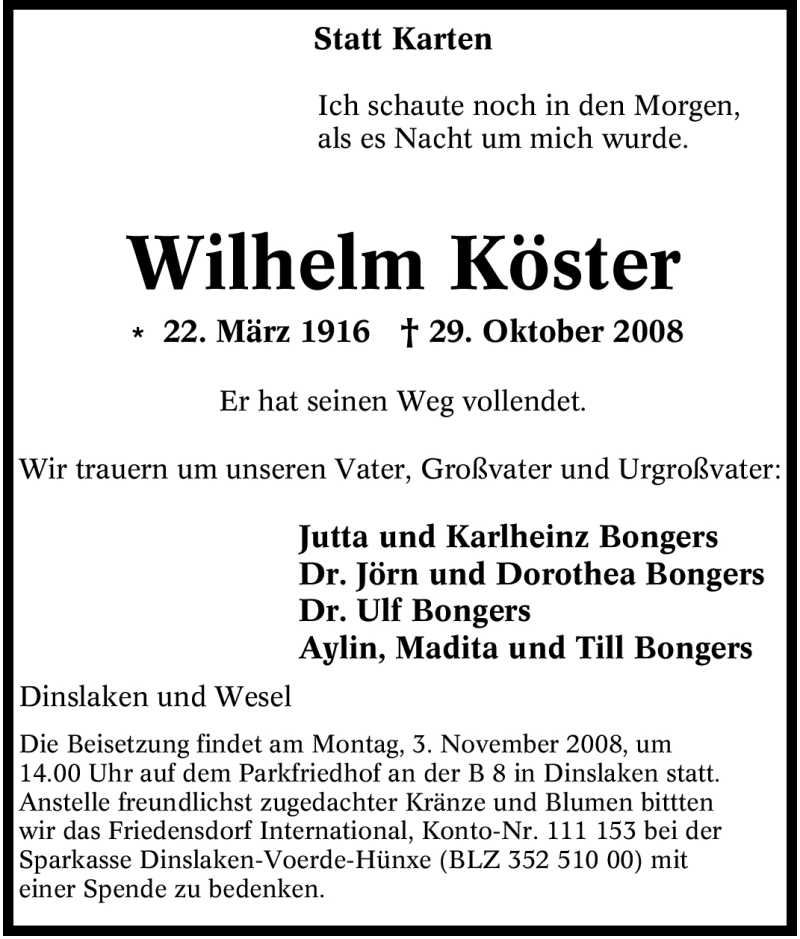 Traueranzeigen von Wilhelm Köster Trauer in NRW de