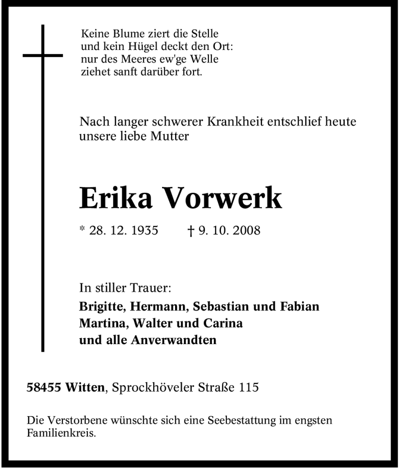  Traueranzeige für Erika Vorwerk vom 11.10.2008 aus Tageszeitung