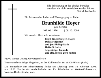Traueranzeige von Brunhilde Hoyer von Tageszeitung