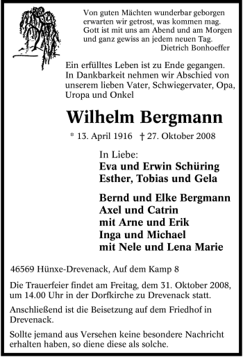 Traueranzeige von Wilhelm Bergmann von Tageszeitung
