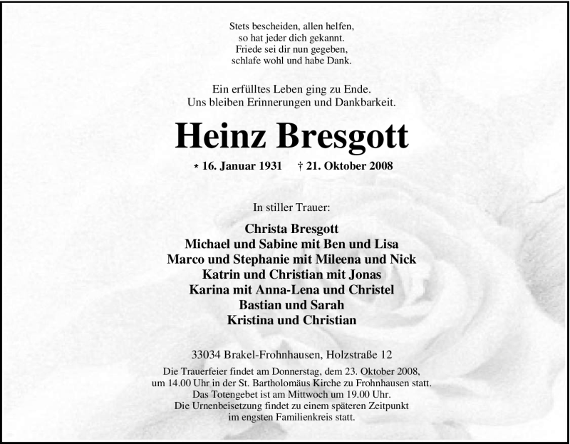  Traueranzeige für Heinz Bresgott vom 22.10.2008 aus Tageszeitung