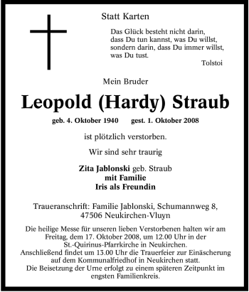 Traueranzeige von Leopold (Hardy) Straub von Tageszeitung