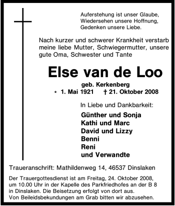 Traueranzeige von Else van de Loo von Tageszeitung