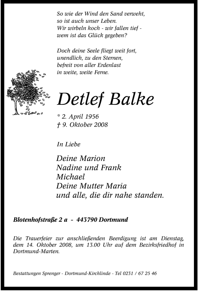  Traueranzeige für Detlef Balke vom 11.10.2008 aus Tageszeitung