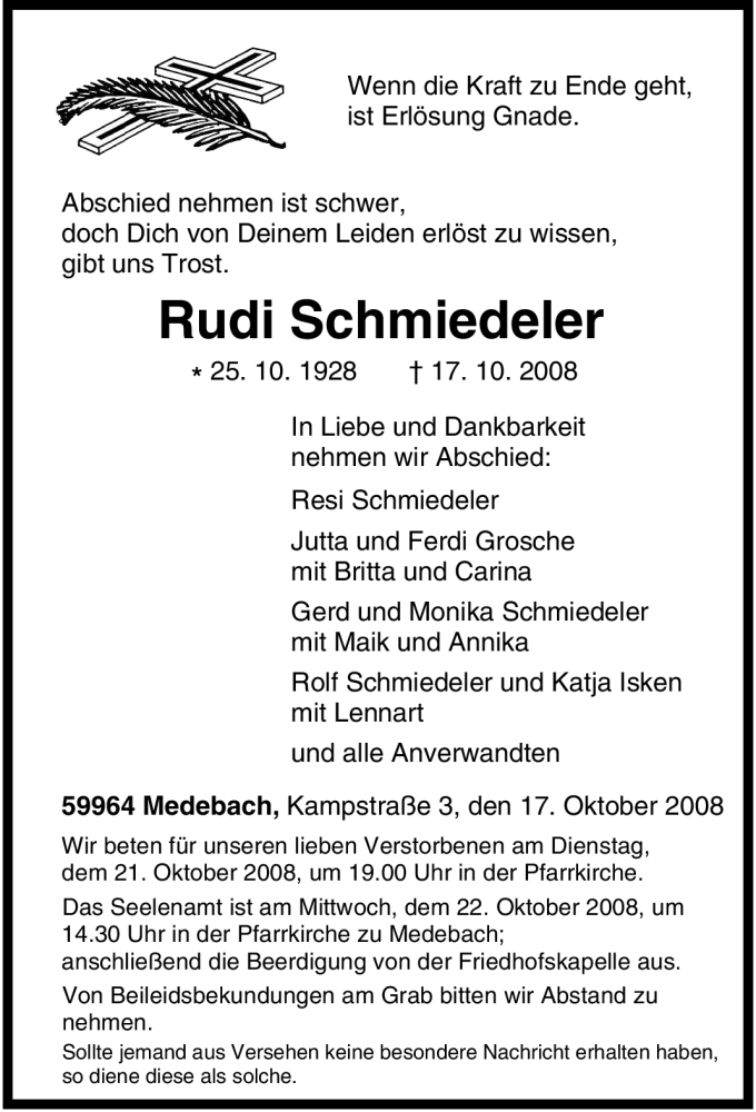  Traueranzeige für Rudi Schmiedeler vom 18.10.2008 aus Tageszeitung