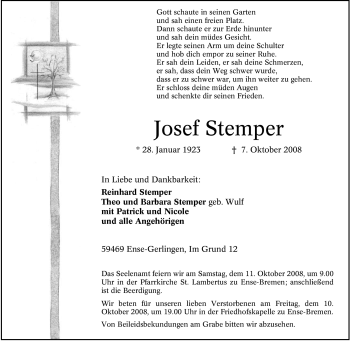 Traueranzeige von Josef Stemper von Tageszeitung