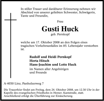 Traueranzeige von Gusti Huck von Tageszeitung