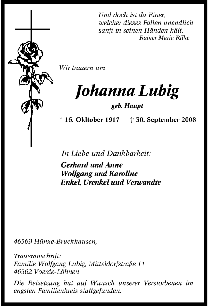  Traueranzeige für Johanna Lubig vom 04.10.2008 aus Tageszeitung