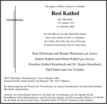 Traueranzeige von Resi Kathol von Tageszeitung