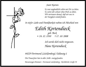 Traueranzeige von Edith Kortendieck von Tageszeitung