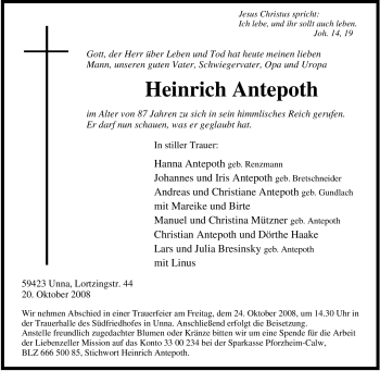 Traueranzeige von Heinrich Antepoth von Tageszeitung