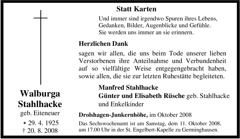  Traueranzeige für Walburga Stahlhacke vom 07.10.2008 aus Tageszeitung