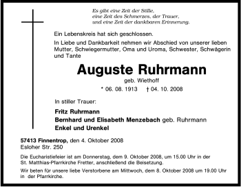 Traueranzeige von Auguste Ruhrmann von Tageszeitung