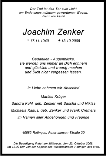 Traueranzeige von Joachim Zenker von Tageszeitung