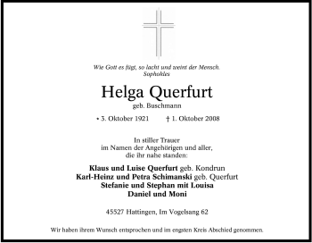 Traueranzeige von Helga Querfurt von Tageszeitung